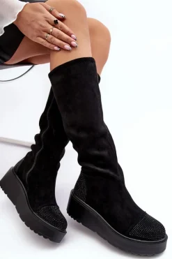 Kozaki Ocieplane|Kozaki Płaskie></noscript>Damskie buty S.Barski Kozaki Damskie Zamszowe Na Platformie S.Barski HY53-8 Czarne