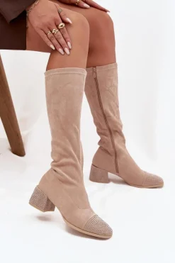 Hot Boto Kozaki Damskie Ze Zdobieniem Na Klocku Eko Zamszowe Beżowe Ivanna Beżowy