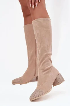 Hot Boto Kozaki Damskie Ze Zdobieniem Na Klocku Eko Zamszowe Beżowe Ivanna Beżowy