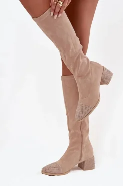 Hot Boto Kozaki Damskie Ze Zdobieniem Na Klocku Eko Zamszowe Beżowe Ivanna Beżowy