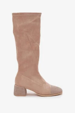 Hot Boto Kozaki Damskie Ze Zdobieniem Na Klocku Eko Zamszowe Beżowe Ivanna Beżowy