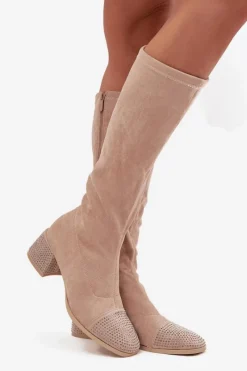 Hot Boto Kozaki Damskie Ze Zdobieniem Na Klocku Eko Zamszowe Beżowe Ivanna Beżowy