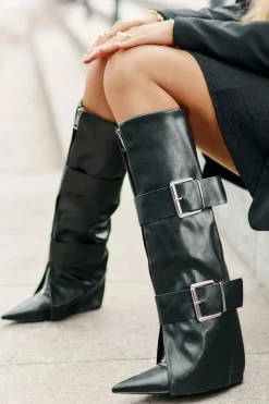 Best Boto Kozaki Do Kolana Na Koturnie Z Wywiniętą Cholewką I Klamrami Tamirla