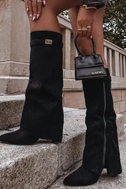 Kozaki Ocieplane|Kozaki Na Słupku>Boto Kozaki Eko Zamszowe Obcas Słupek Na Zamek Ocieplane Wywinięta Cholewka Beżowe Evyra Czarny