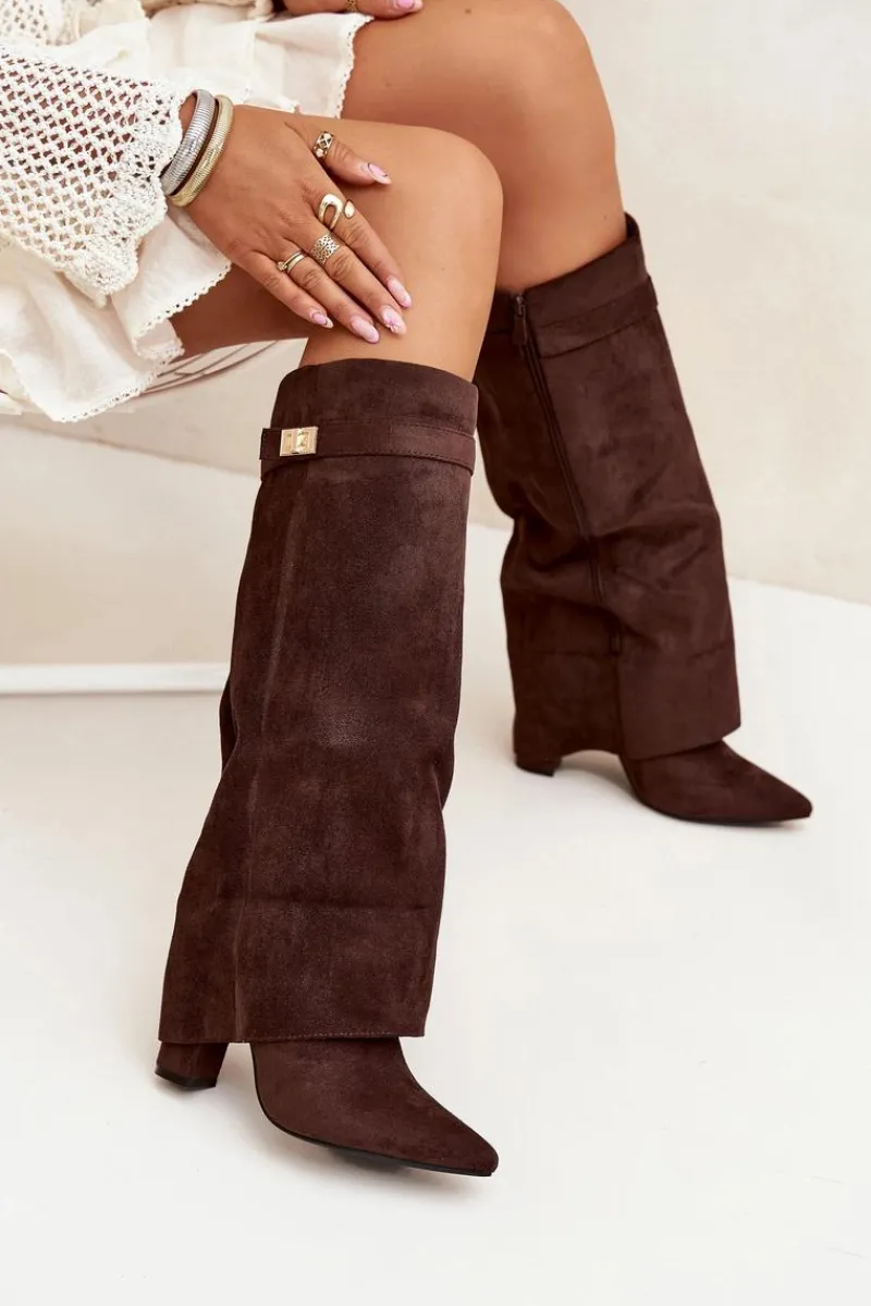 Kozaki Ocieplane|Kozaki Na Słupku>Boto Kozaki Eko Zamszowe Obcas Słupek Na Zamek Ocieplane Wywinięta Cholewka Czekoladowe Evyra Brązowy