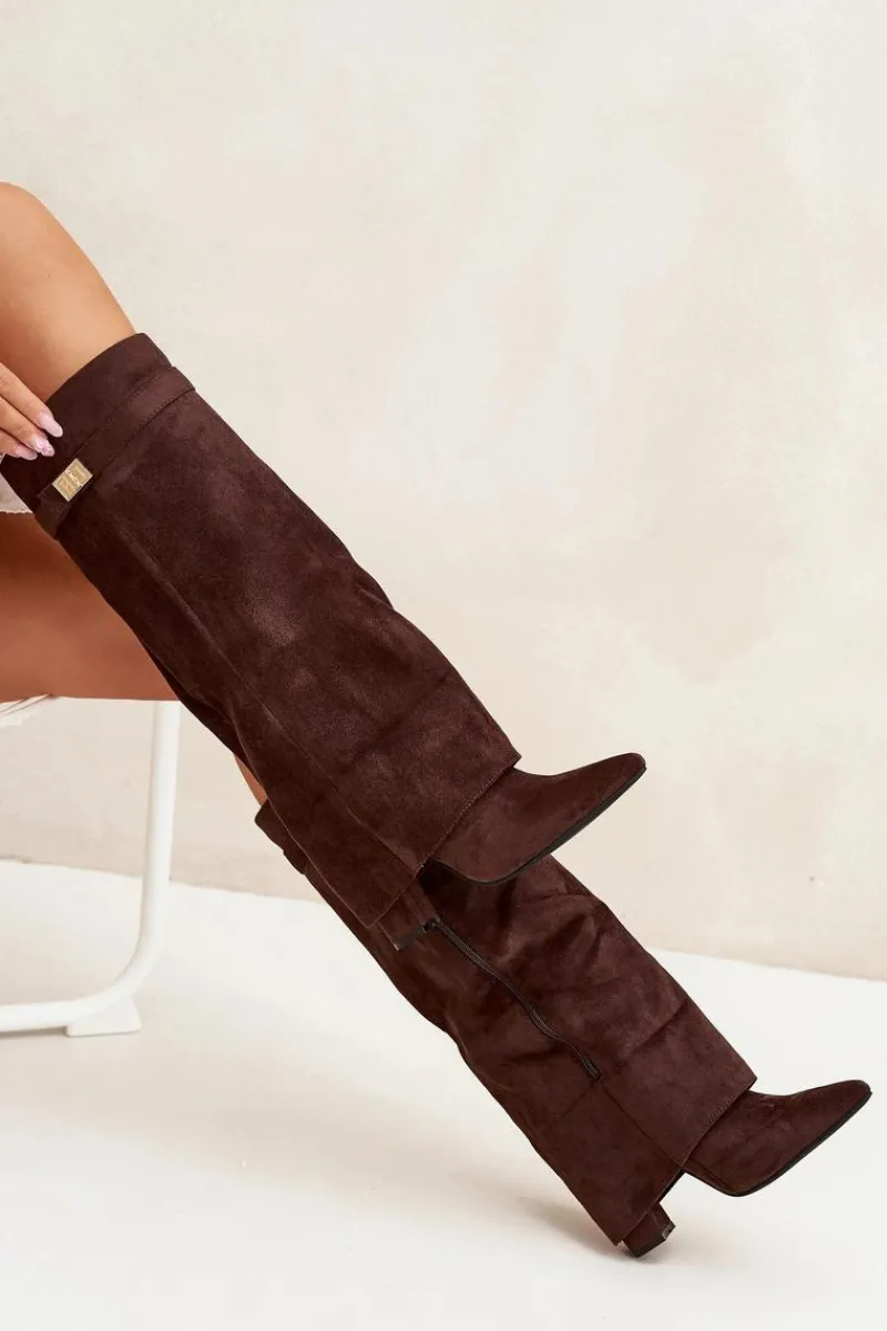 Kozaki Ocieplane|Kozaki Na Słupku>Boto Kozaki Eko Zamszowe Obcas Słupek Na Zamek Ocieplane Wywinięta Cholewka Czekoladowe Evyra Brązowy