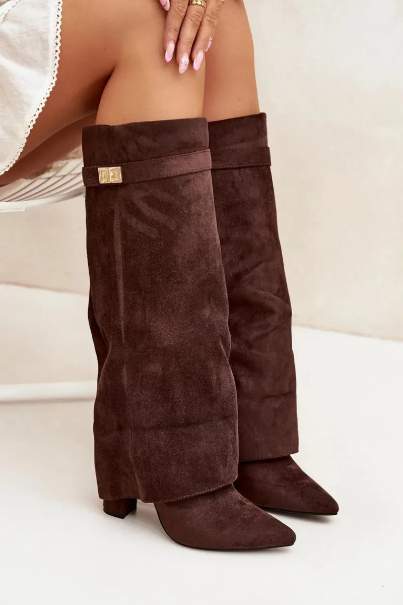 Kozaki Ocieplane|Kozaki Na Słupku>Boto Kozaki Eko Zamszowe Obcas Słupek Na Zamek Ocieplane Wywinięta Cholewka Czekoladowe Evyra Brązowy