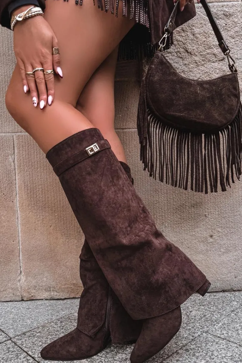 Kozaki Ocieplane|Kozaki Na Słupku>Boto Kozaki Eko Zamszowe Obcas Słupek Na Zamek Ocieplane Wywinięta Cholewka Czekoladowe Evyra Brązowy