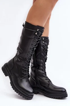 Kozaki Wiosenne|Kozaki Płaskie>Boto Kozaki Glany Damskie Do Połowy Łydki Sznurowane Czarne Elavettsa