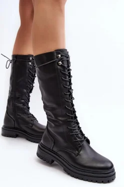 Kozaki Wiosenne|Kozaki Płaskie></noscript>Boto Kozaki Glany Damskie Do Połowy Łydki Sznurowane Czarne Elavettsa