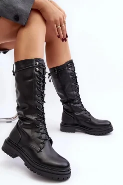 Kozaki Wiosenne|Kozaki Płaskie></noscript>Boto Kozaki Glany Damskie Do Połowy Łydki Sznurowane Czarne Elavettsa