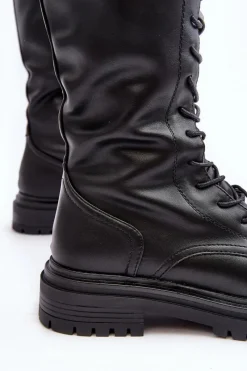 Kozaki Wiosenne|Kozaki Płaskie></noscript>Boto Kozaki Glany Damskie Do Połowy Łydki Sznurowane Czarne Elavettsa