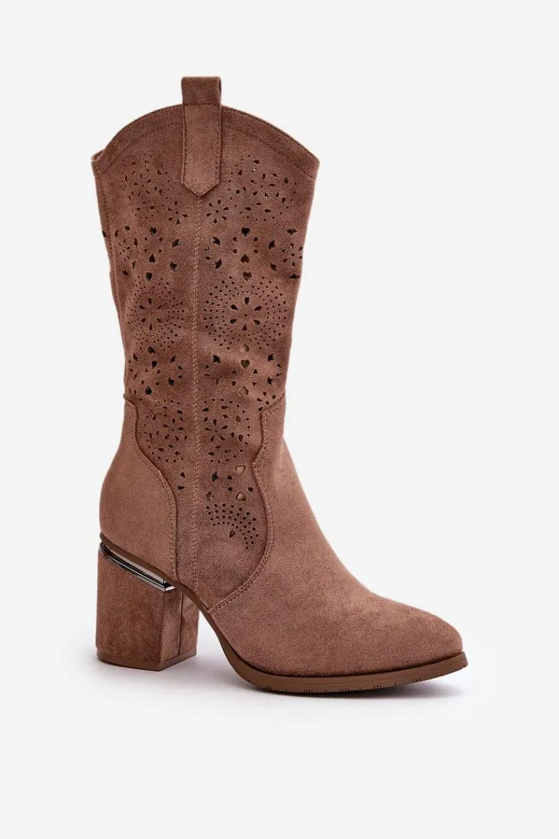 Hot Kozaki Kowbojki Damskie Ażurowe Na Obcasie Słupku Eko Zamszowe Brązowe S.Barski HY42-028 Damskie Kozaki Ażurowe|Kozaki Przed Kolano