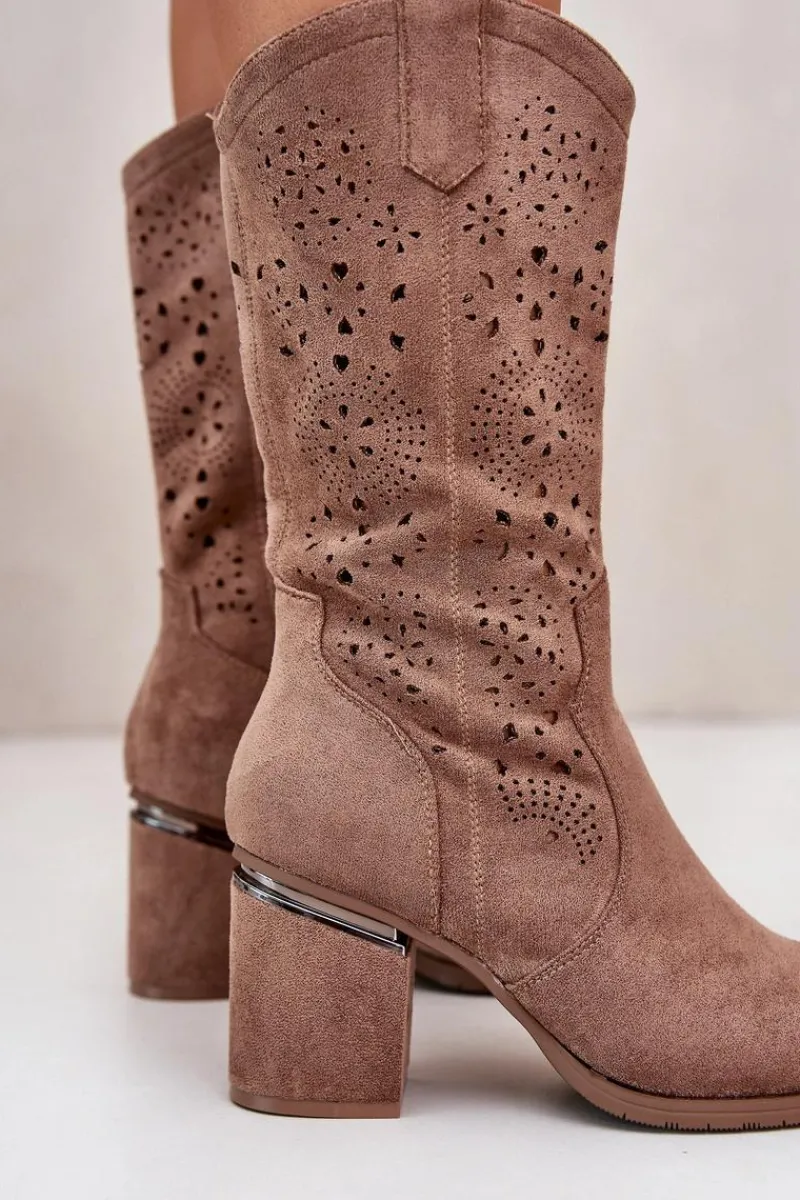 Hot Kozaki Kowbojki Damskie Ażurowe Na Obcasie Słupku Eko Zamszowe Brązowe S.Barski HY42-028 Damskie Kozaki Ażurowe|Kozaki Przed Kolano