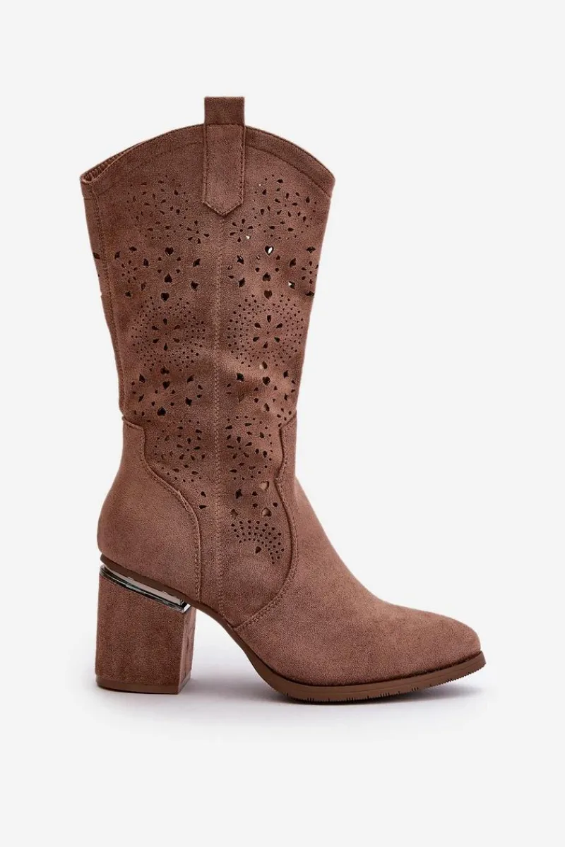 Hot Kozaki Kowbojki Damskie Ażurowe Na Obcasie Słupku Eko Zamszowe Brązowe S.Barski HY42-028 Damskie Kozaki Ażurowe|Kozaki Przed Kolano