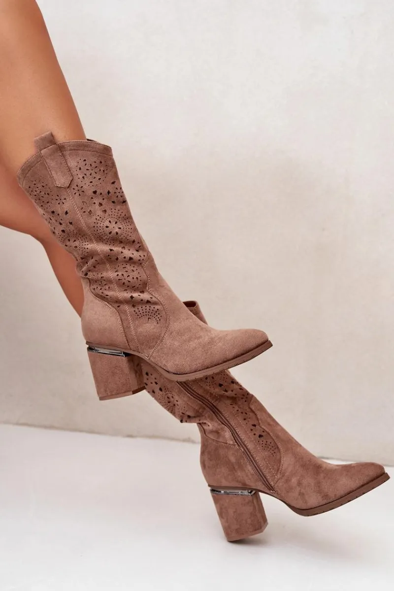 Hot Kozaki Kowbojki Damskie Ażurowe Na Obcasie Słupku Eko Zamszowe Brązowe S.Barski HY42-028 Damskie Kozaki Ażurowe|Kozaki Przed Kolano