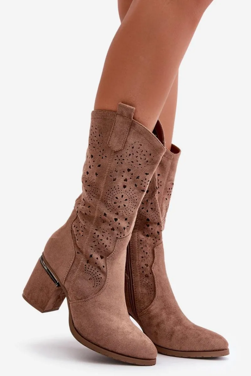 Hot Kozaki Kowbojki Damskie Ażurowe Na Obcasie Słupku Eko Zamszowe Brązowe S.Barski HY42-028 Damskie Kozaki Ażurowe|Kozaki Przed Kolano