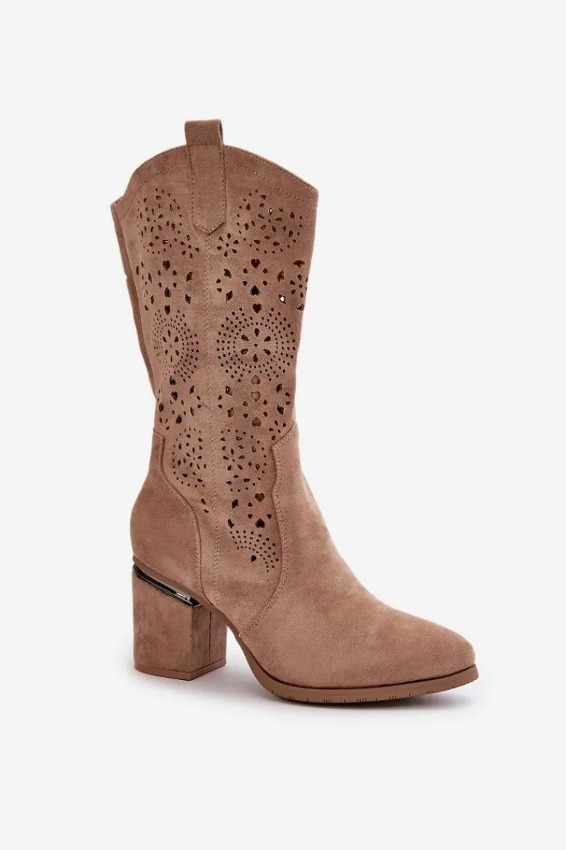 Best Damskie buty S.Barski Kozaki Kowbojki Damskie Ażurowe Na Obcasie Słupku Eko Zamszowe Beżowe S.Barski HY42-028