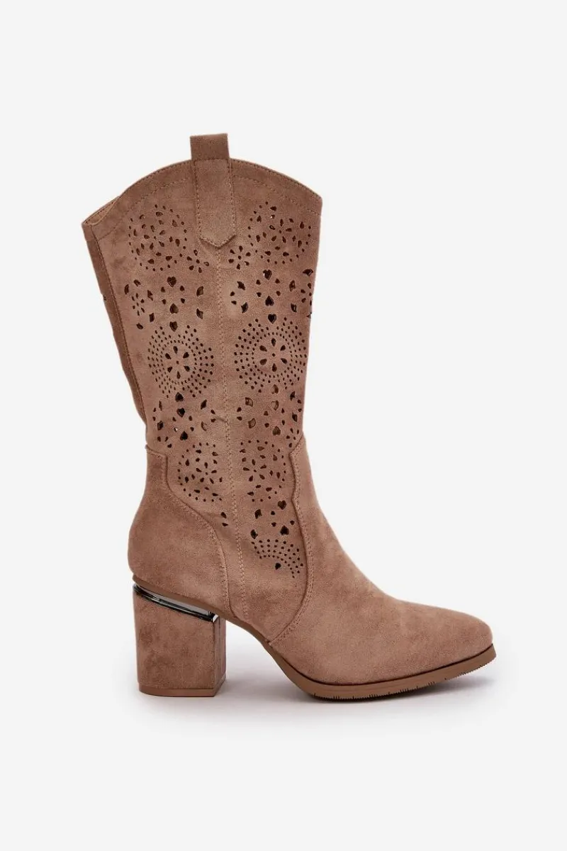 Best Damskie buty S.Barski Kozaki Kowbojki Damskie Ażurowe Na Obcasie Słupku Eko Zamszowe Beżowe S.Barski HY42-028