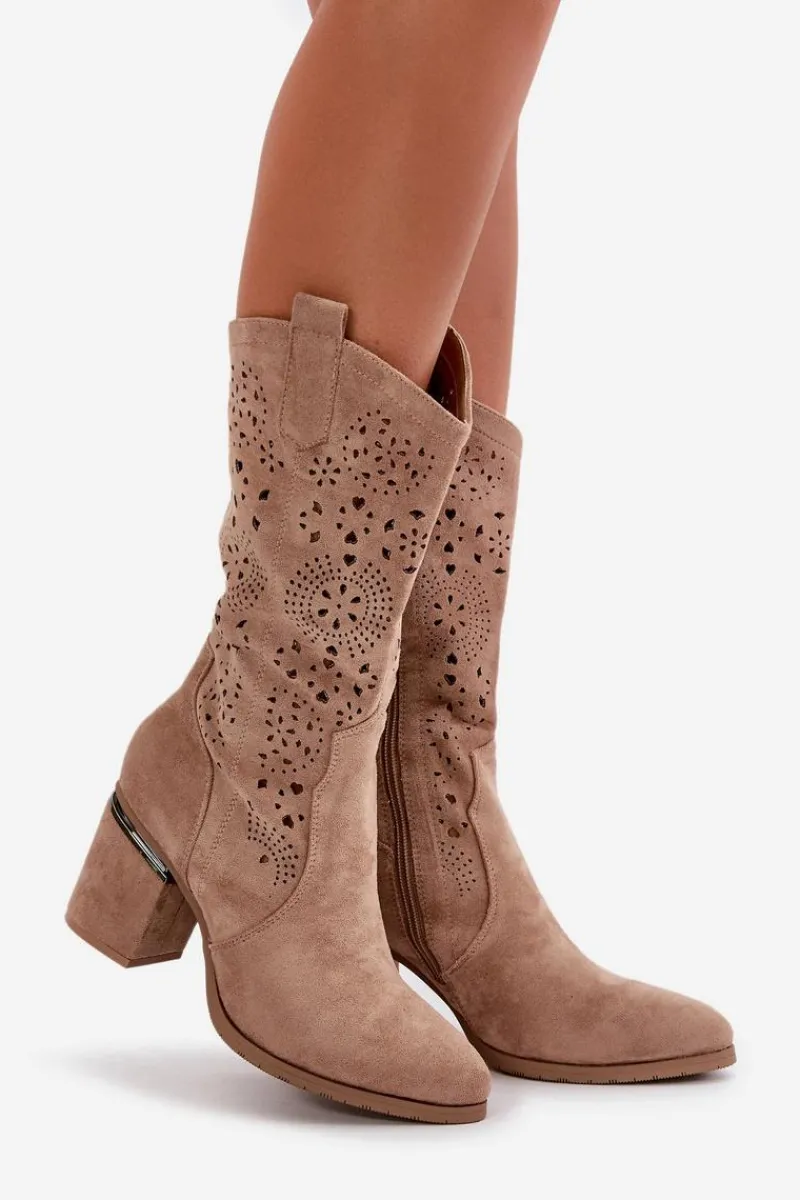 Best Damskie buty S.Barski Kozaki Kowbojki Damskie Ażurowe Na Obcasie Słupku Eko Zamszowe Beżowe S.Barski HY42-028