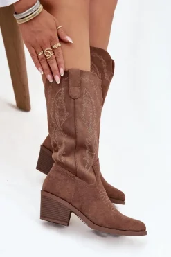 Kozaki Na Obcasie|Kozaki Zamszowe>Buty damskie Vinceza Kozaki Kowbojki Damskie Na Obcasie Ocieplane Vinceza 16508 Ciemnobeżowe Beżowy