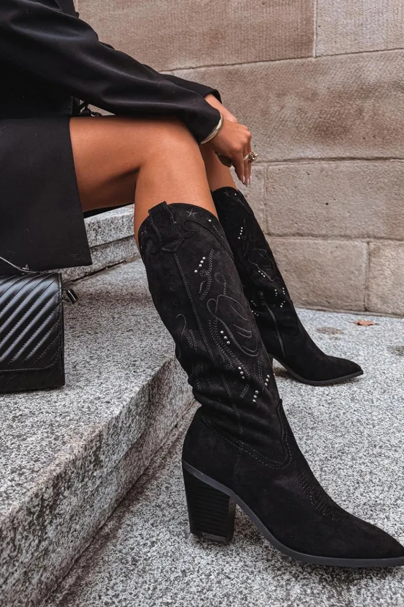 New Kozaki Kowbojki Damskie Na Słupku Z Eko Zamszu Czarne Coretta Damskie Kozaki Przed Kolano|Kozaki Na Obcasie