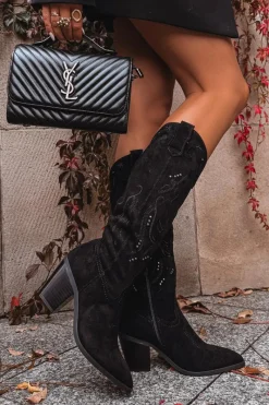 New Kozaki Kowbojki Damskie Na Słupku Z Eko Zamszu Czarne Coretta Damskie Kozaki Przed Kolano|Kozaki Na Obcasie