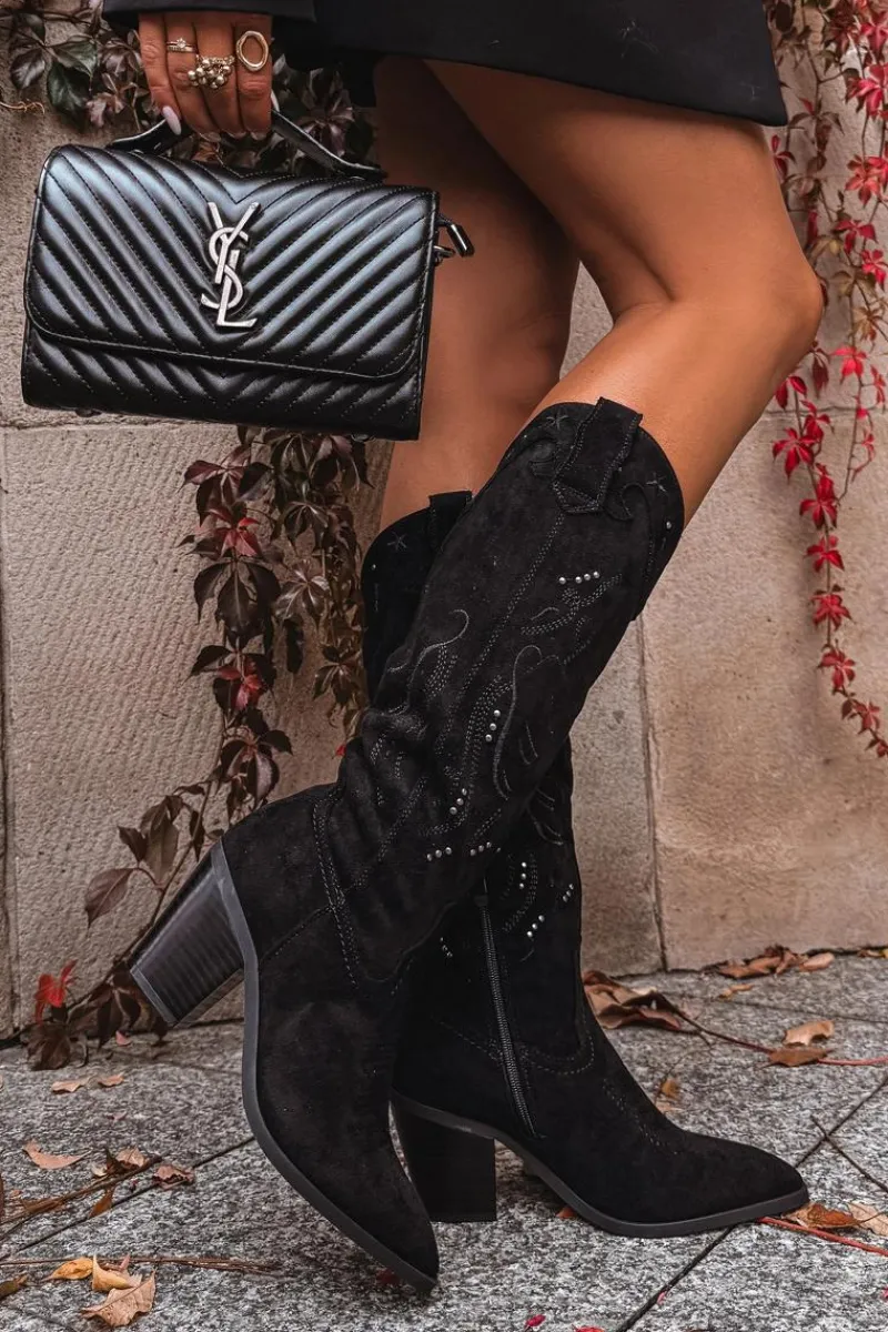 New Kozaki Kowbojki Damskie Na Słupku Z Eko Zamszu Czarne Coretta Damskie Kozaki Przed Kolano|Kozaki Na Obcasie