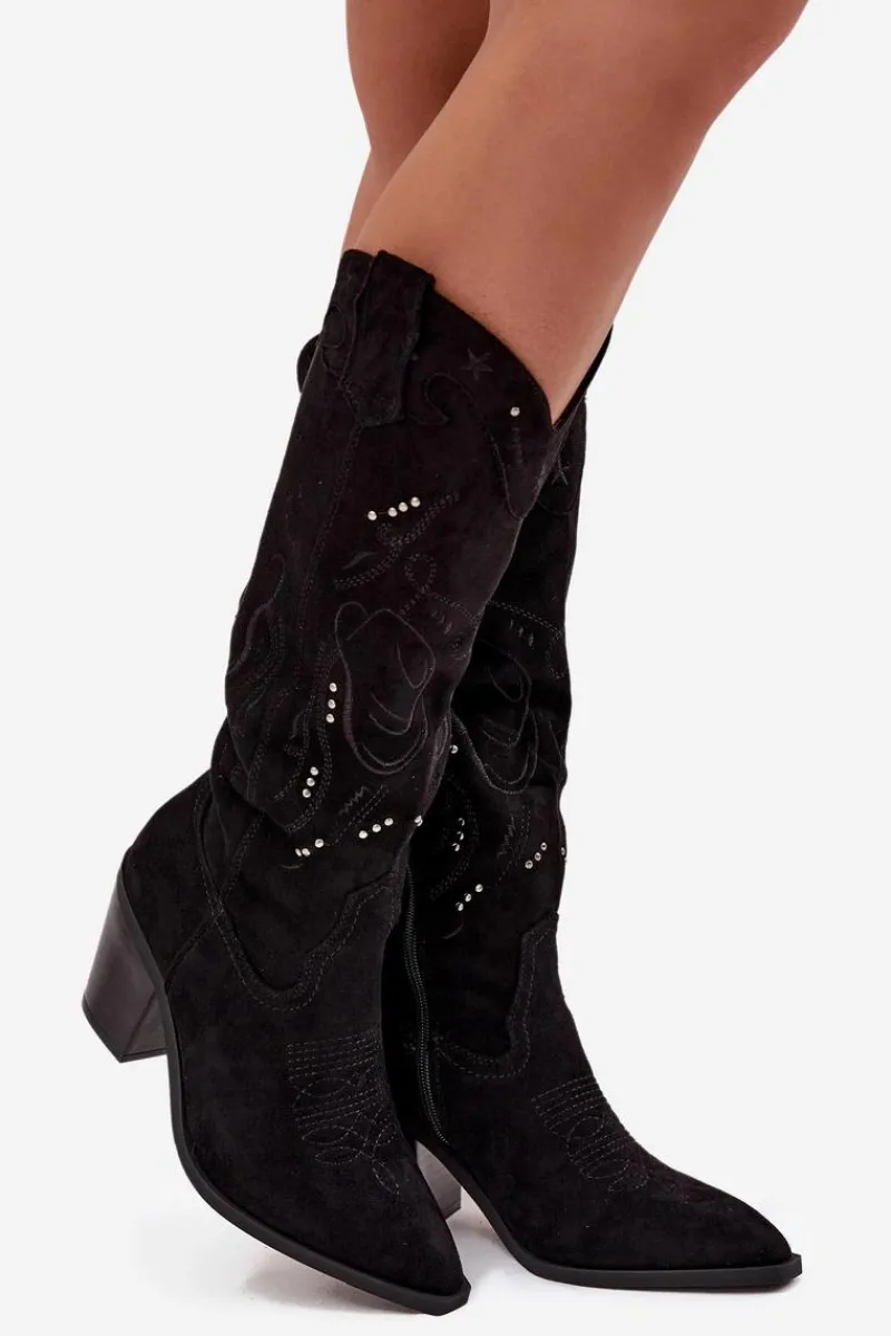 New Kozaki Kowbojki Damskie Na Słupku Z Eko Zamszu Czarne Coretta Damskie Kozaki Przed Kolano|Kozaki Na Obcasie