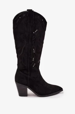 New Kozaki Kowbojki Damskie Na Słupku Z Eko Zamszu Czarne Coretta Damskie Kozaki Przed Kolano|Kozaki Na Obcasie