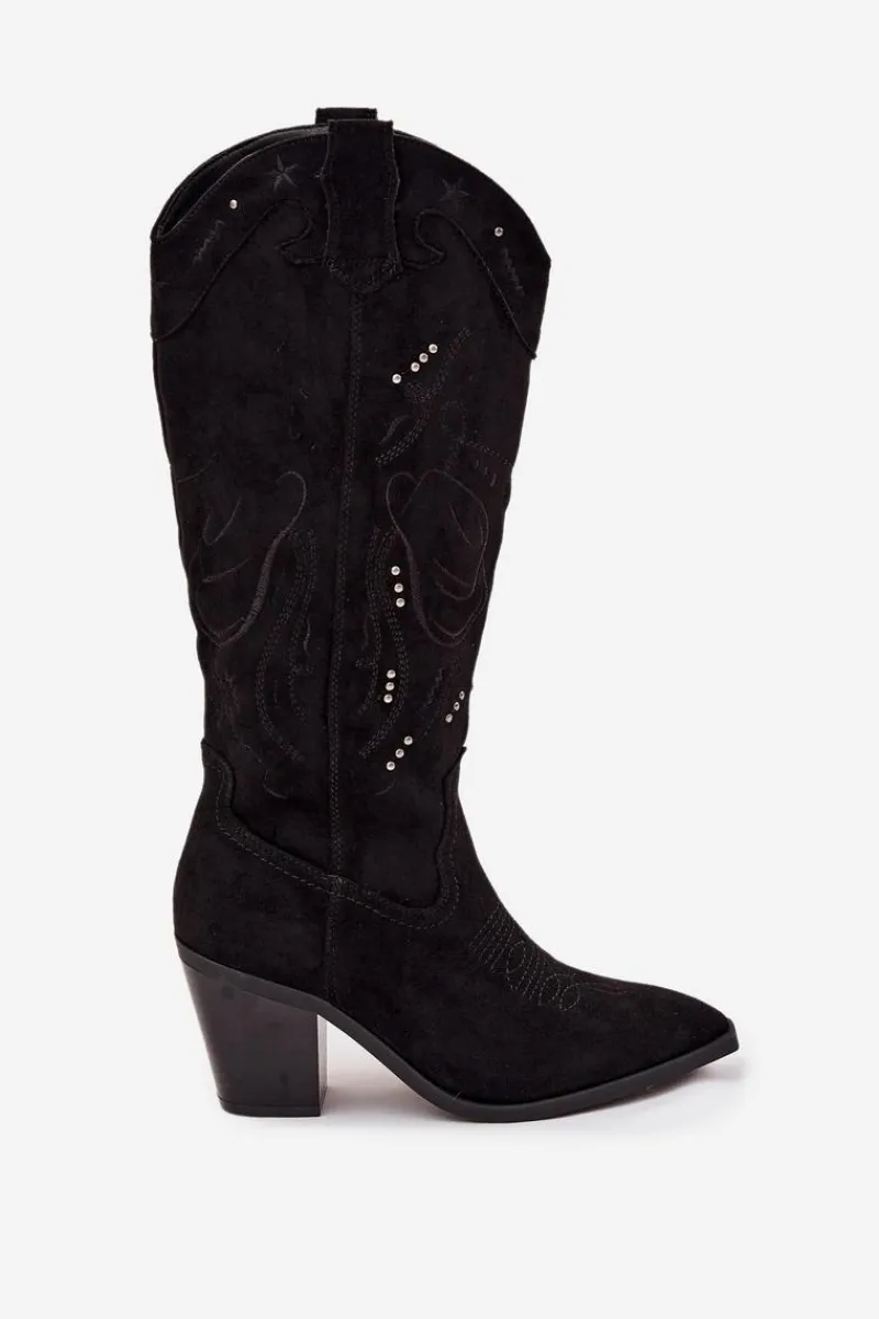 New Kozaki Kowbojki Damskie Na Słupku Z Eko Zamszu Czarne Coretta Damskie Kozaki Przed Kolano|Kozaki Na Obcasie