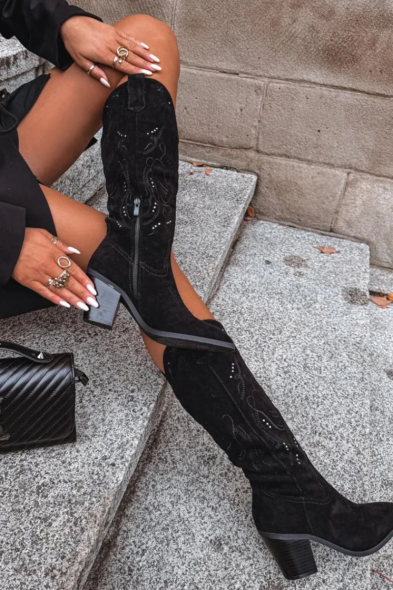 New Kozaki Kowbojki Damskie Na Słupku Z Eko Zamszu Czarne Coretta Damskie Kozaki Przed Kolano|Kozaki Na Obcasie