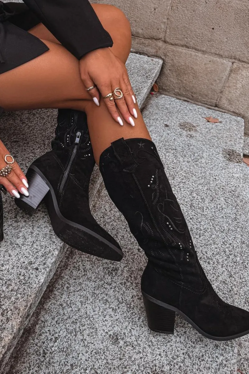 New Kozaki Kowbojki Damskie Na Słupku Z Eko Zamszu Czarne Coretta Damskie Kozaki Przed Kolano|Kozaki Na Obcasie