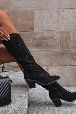 New Kozaki Kowbojki Damskie Na Słupku Z Eko Zamszu Czarne Coretta Damskie Kozaki Przed Kolano|Kozaki Na Obcasie