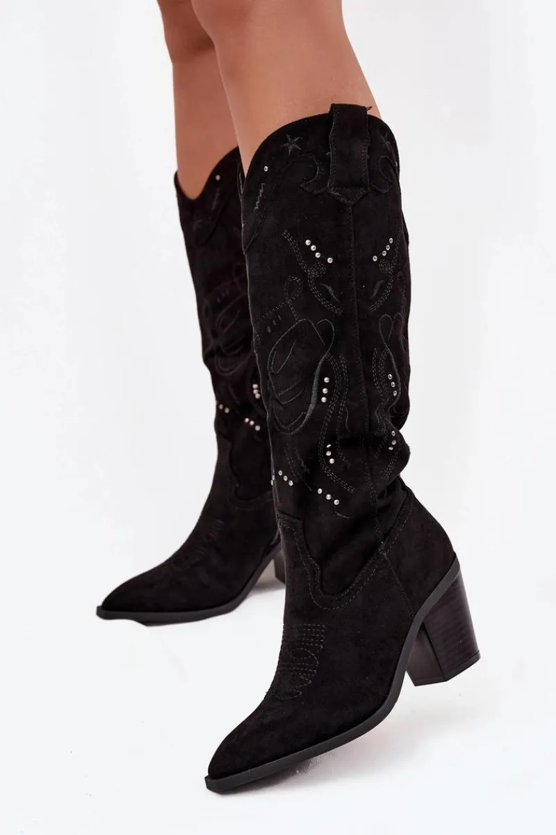 New Kozaki Kowbojki Damskie Na Słupku Z Eko Zamszu Czarne Coretta Damskie Kozaki Przed Kolano|Kozaki Na Obcasie