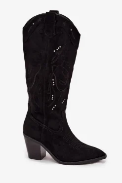 New Kozaki Kowbojki Damskie Na Słupku Z Eko Zamszu Czarne Coretta Damskie Kozaki Przed Kolano|Kozaki Na Obcasie