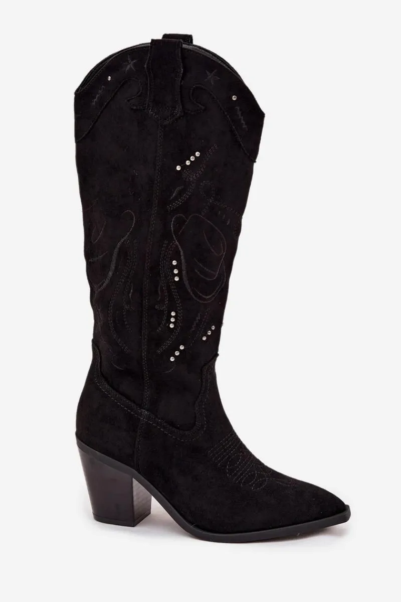 New Kozaki Kowbojki Damskie Na Słupku Z Eko Zamszu Czarne Coretta Damskie Kozaki Przed Kolano|Kozaki Na Obcasie