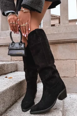 Discount Boto Kozaki Kowbojki Damskie Na Obcasie Z Eko Zamszu Czarne Esmira