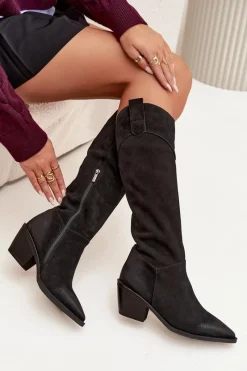 Kozaki Ocieplane|Kozaki Na Słupku>Artiker Kozaki Kowbojki Damskie Na Obcasie Z Naturalnego Zamszu 57C0232 Czarne Czarny