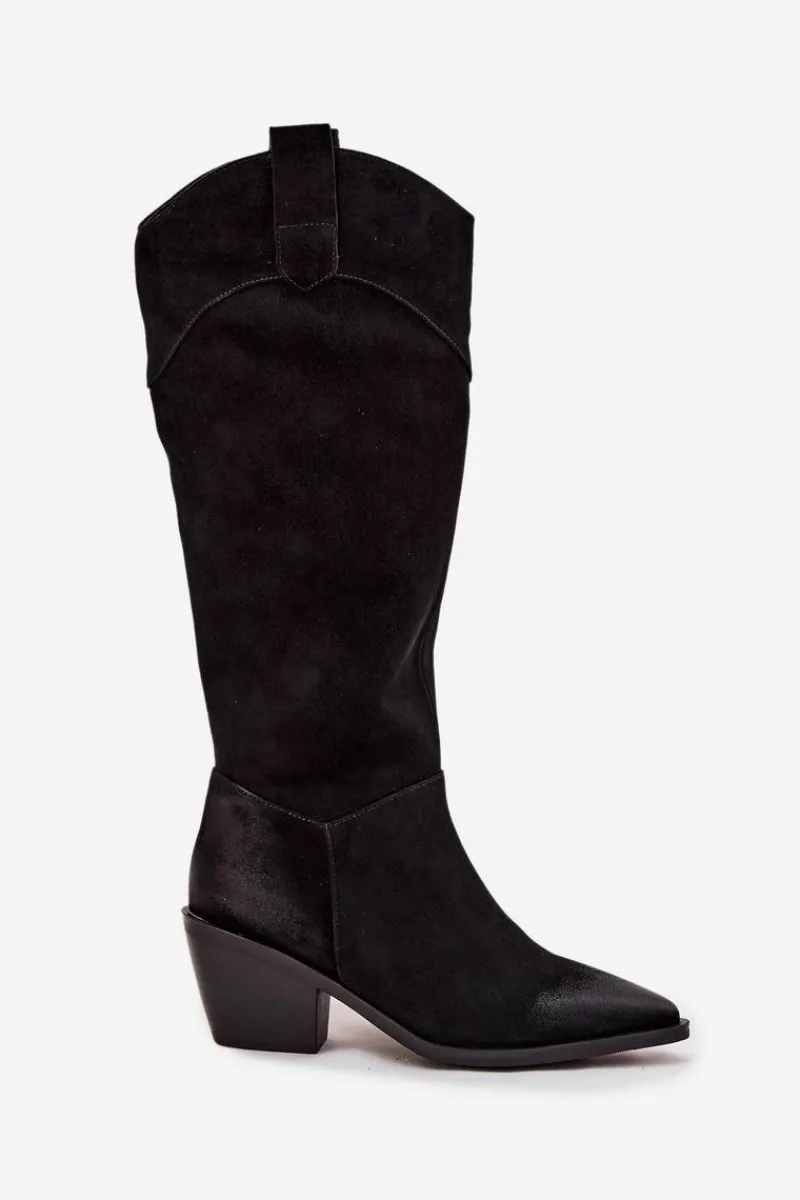Kozaki Ocieplane|Kozaki Na Słupku>Artiker Kozaki Kowbojki Damskie Na Obcasie Z Naturalnego Zamszu 57C0232 Czarne Czarny