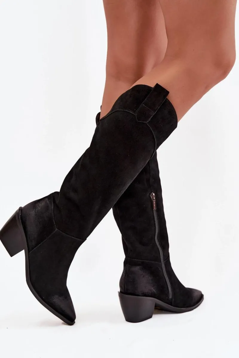 Kozaki Ocieplane|Kozaki Na Słupku>Artiker Kozaki Kowbojki Damskie Na Obcasie Z Naturalnego Zamszu 57C0232 Czarne Czarny