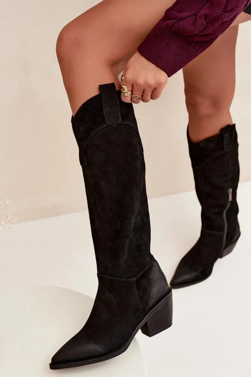 Kozaki Ocieplane|Kozaki Na Słupku>Artiker Kozaki Kowbojki Damskie Na Obcasie Z Naturalnego Zamszu 57C0232 Czarne Czarny