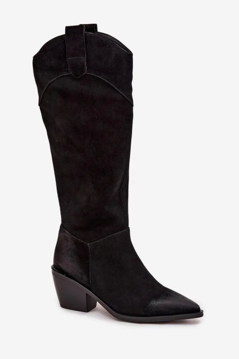 Kozaki Ocieplane|Kozaki Na Słupku>Artiker Kozaki Kowbojki Damskie Na Obcasie Z Naturalnego Zamszu 57C0232 Czarne Czarny