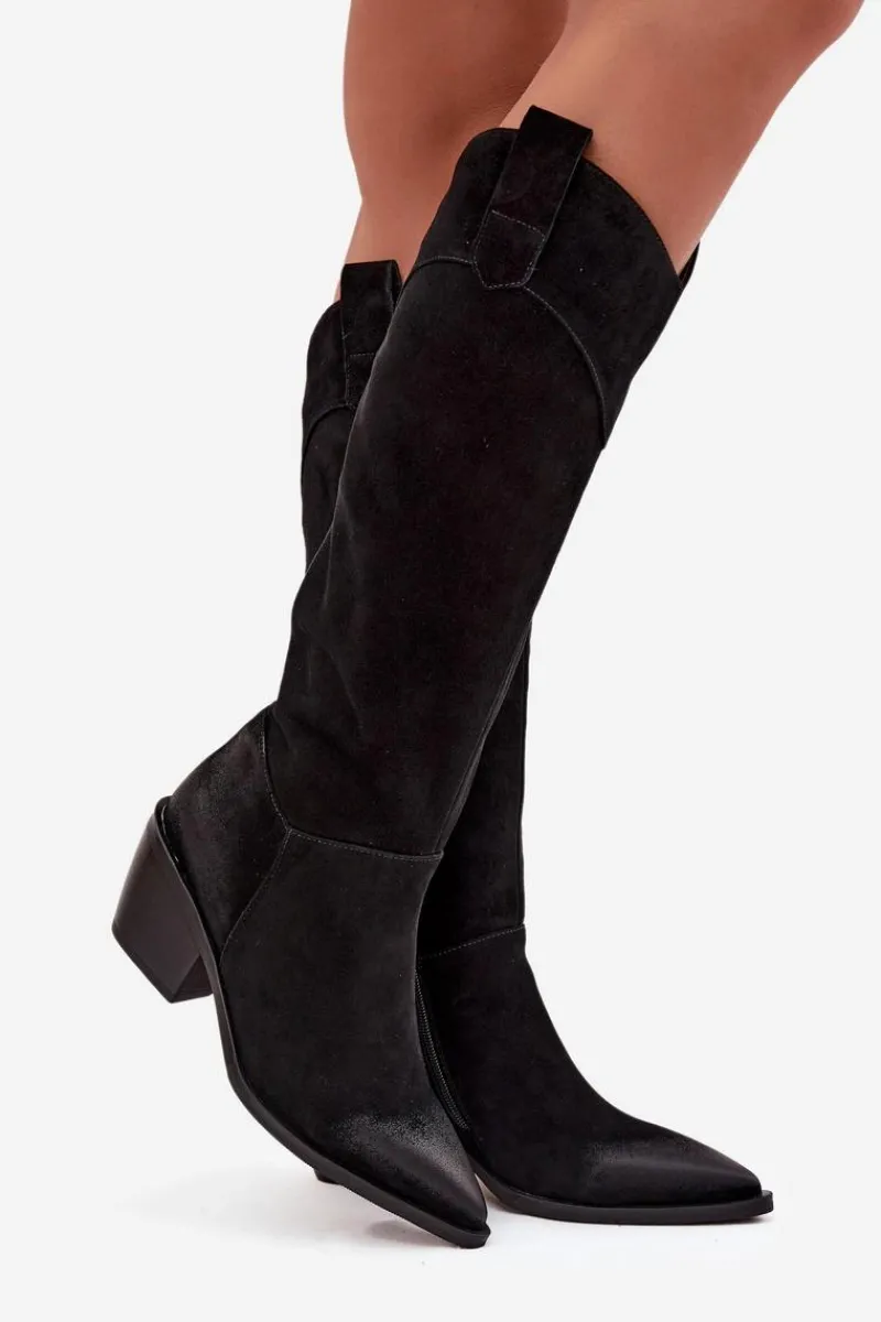 Kozaki Ocieplane|Kozaki Na Słupku>Artiker Kozaki Kowbojki Damskie Na Obcasie Z Naturalnego Zamszu 57C0232 Czarne Czarny