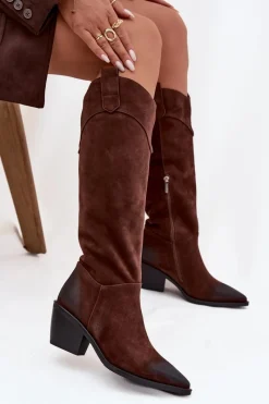 Kozaki Ocieplane|Kozaki Na Słupku>Artiker Kozaki Kowbojki Damskie Na Obcasie Z Naturalnego Zamszu 57C0230 Brązowe Brązowy