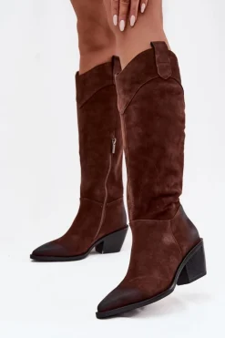 Kozaki Ocieplane|Kozaki Na Słupku>Artiker Kozaki Kowbojki Damskie Na Obcasie Z Naturalnego Zamszu 57C0230 Brązowe Brązowy