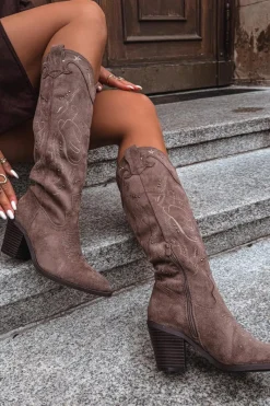 Hot Boto Kozaki Kowbojki Damskie Na Słupku Z Eko Zamszu Khaki Coretta Beżowy