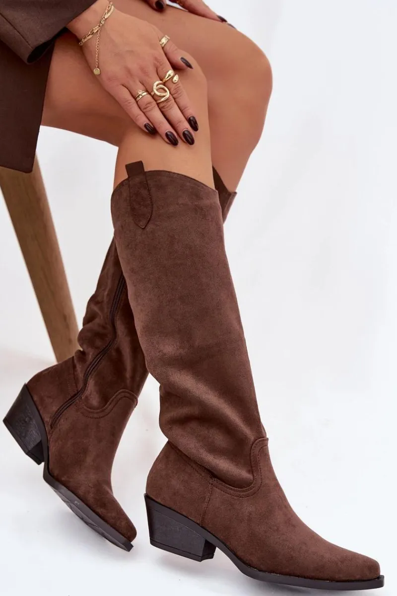 Kozaki Na Słupku|Kozaki Przed Kolano>Boto Kozaki Kowbojki Damskie Na Obcasie Z Eko Zamszu Brązowe Esmira Brązowy