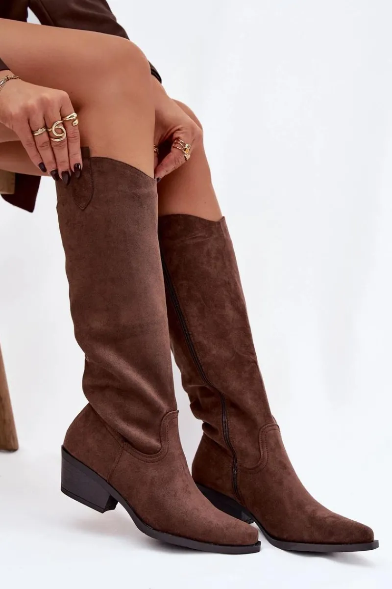 Kozaki Na Słupku|Kozaki Przed Kolano>Boto Kozaki Kowbojki Damskie Na Obcasie Z Eko Zamszu Brązowe Esmira Brązowy