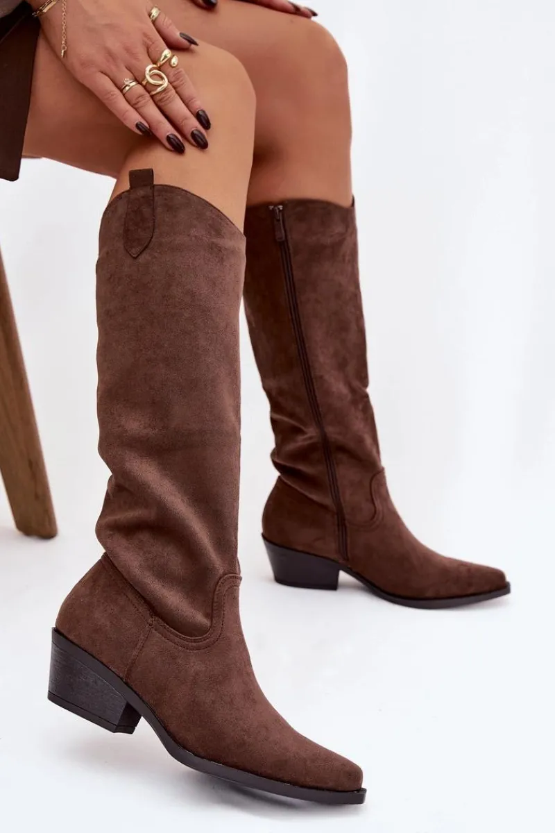 Kozaki Na Słupku|Kozaki Przed Kolano>Boto Kozaki Kowbojki Damskie Na Obcasie Z Eko Zamszu Brązowe Esmira Brązowy
